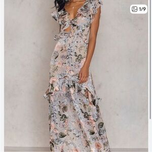 For Love And Lemons Pink and Gray Flutter Sleeve Maxi Dress